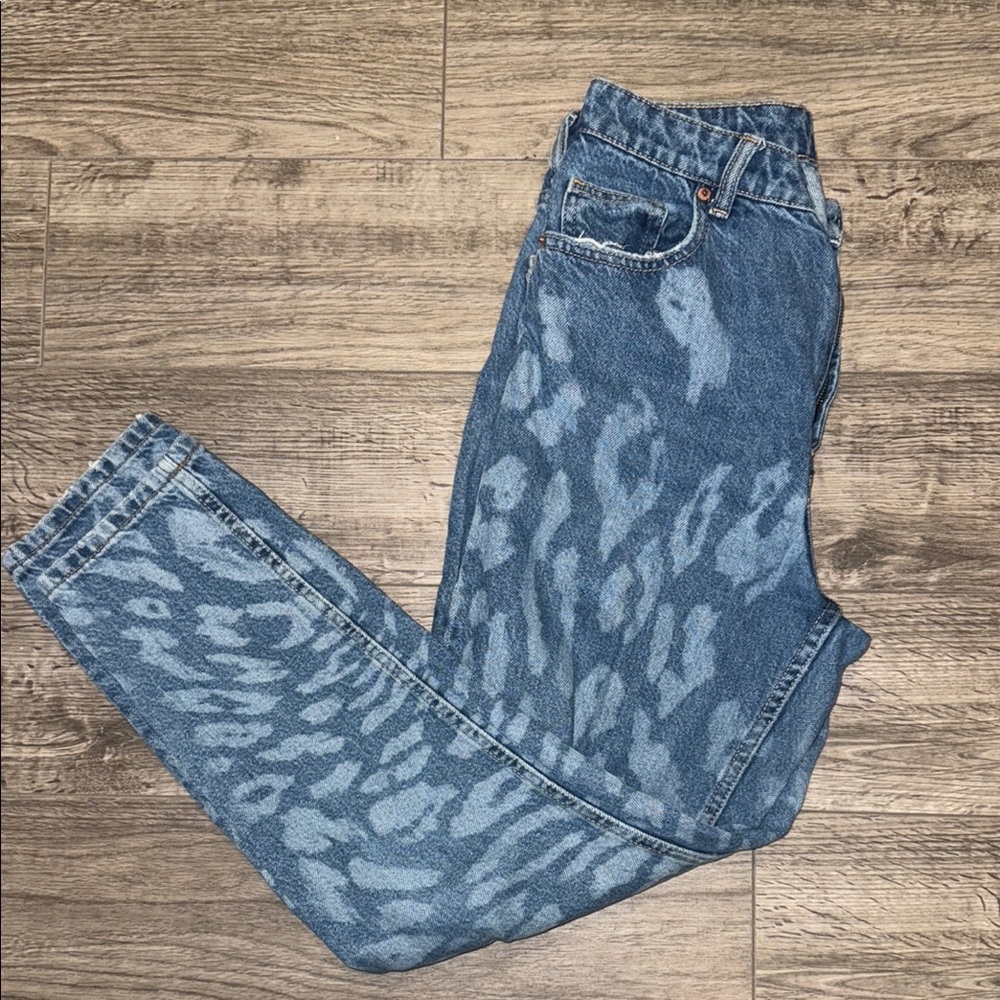 Bershka Blue Straight Leg Jeans with Distressed Details